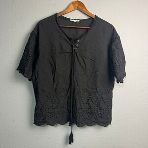 It Girl XL Black Eyelet Lace Up Tassel Short Sleeve Top‎ Blouse Gothic Grunge